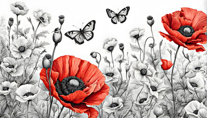 Wallpaper red and black white and black and white watercolor poppies on white background. Watercolor illustration.