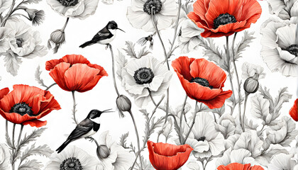 Watercolor illustration. Red and black and white watercolor poppies with birds on white background.