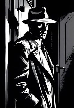 film noir style, monochrome ink drawing,  portrait of a tough detective. generative ai