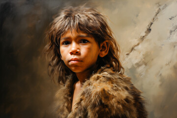 close up portrait of a neanderthal child caveman child