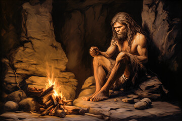 A neanderthal man / caveman warming himself in the glow of a fire - obrazy, fototapety, plakaty