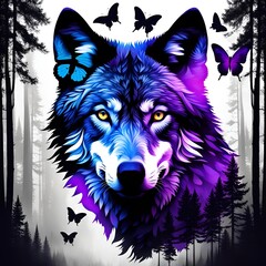 Purple-hue wolf with butterflies in a forest (double-exposure)