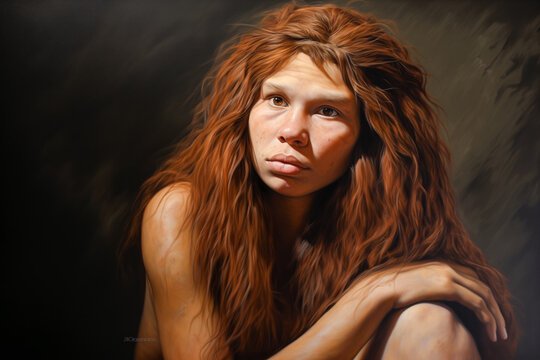 close up portrait of a neaderthal woman cavewoman