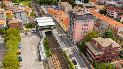 Aerial view of Vimodrone metro station, Italy. It is a metro stop on the green line of the Milan...