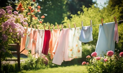clothes laundry hanging on the cloth line in the garden