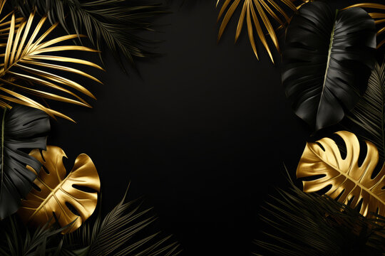 Beautiful background with exotic black and gold leaves with space for logo, text or inscriptions, flat lay.generative ai
