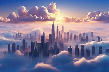 skyscrapers building high above the clouds in the morning sunrise - obrazy, fototapety, plakaty