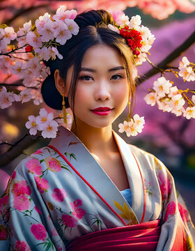 YOUNG JAPANESE GIRL IN KIMONO, TRADITIONAL, CHERRY BLOSSOM PARTY