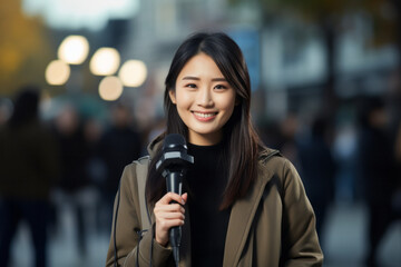 Beautiful young smiling asian beauty reporter with microphone in hand standing on city street looking straight at camera.generative ai
 - obrazy, fototapety, plakaty