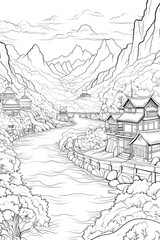 Fototapeta na wymiar magical forest village lineart sketch illustration