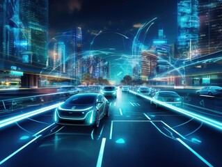 .Smart cars with automatic sensor driving on metropolis with wireless connection - obrazy, fototapety, plakaty
