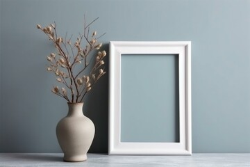 Empty frame with framed picture, simple interior, space for text, vase on table. Generative AI