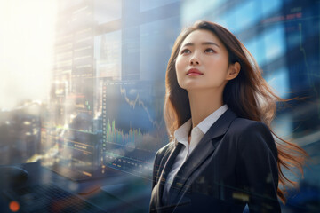 Fototapeta premium Beautiful young business woman of asian beauty wearing classic outfit walking down the street against skyscraper background with trading chart or stock market background. Theme of prices.generative ai