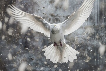 white dove gracefully flying through the air, the dove's wings are spread wide, creating a sense of freedom and tranquility
