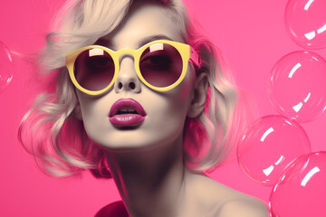 Fashion, make-up, style concept. Beautiful blonde woman with soap bubbles and sunglasses minimalist close-up studio portrait. Vivid colors, pop-art style - obrazy, fototapety, plakaty