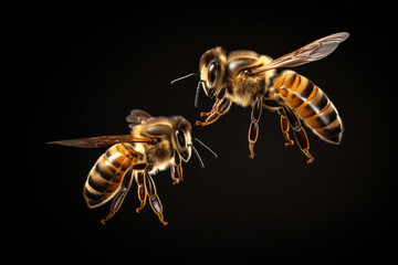 Two bees in flight isolated on black background, close up view.generative ai
 - obrazy, fototapety, plakaty