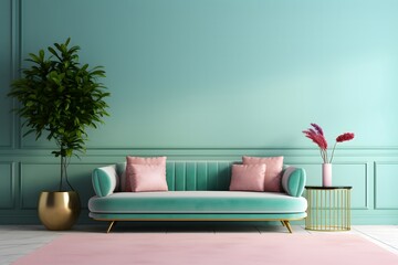 Fototapeta na wymiar White living room with blue sofa and white carpet. 