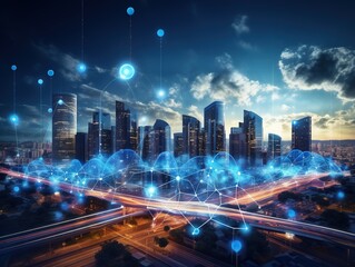 Fototapeta na wymiar Telecommunication connections above smart city. Futuristic cityscape concept for internet of things IoT fintech blockchain 5G