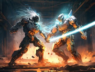 Fototapeta na wymiar Fight of two futuristic warriors in industrial factory