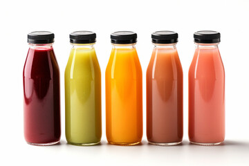 Bottles with various healthy and freshly squeezed juices isolated on white background.generative ai
