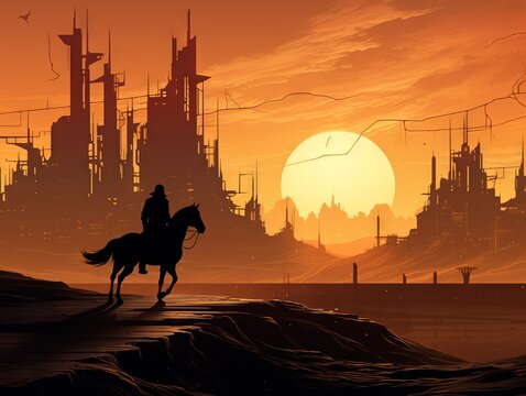 riding horse against futuristic city in desert