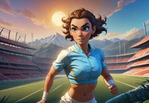 Anime athlete football player on the field close-up. sports, running