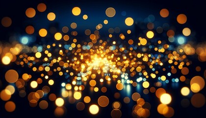 Fototapeta na wymiar A warm golden glow of bokeh lights against a cool blue backdrop, suggesting a cozy, festive atmosphere suitable for Christmas backgrounds or celebrations.Generative AI