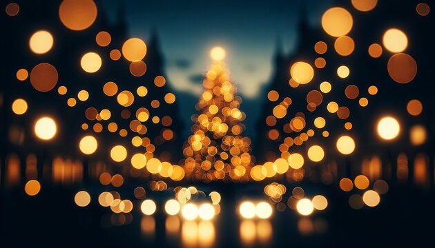 illuminated Christmas tree with a bokeh light effect against an evening urban backdrop. The image radiates a warm, festive ambiance, suitable for Christmas or festive uses.Generative AI