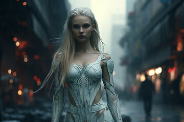 Sci-fi, fantasy, fashion and style, make-up concept. Futuristic beautiful blonde woman portrait with fancy bright futuristic clothing. Future self cyberpunk style