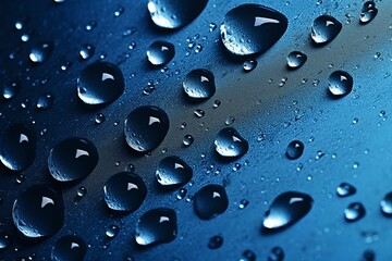 Deep blue backdrop adorned with dewdrops. Close-up wide image with room for text. Generative AI