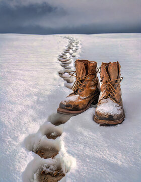 BOOTS IN THE SNOW,
LONELINESS, ESCAPE, SNOWY DESERT, FREEDOM
