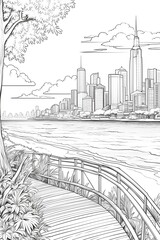 Fototapeta premium beach near the city black and white line art sketch illustration