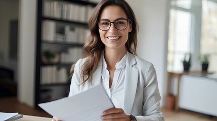 Smiling elegant businesswoman holding documents and looking at camera while working from home office. efficient telecommuting concept. generative AI