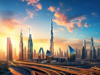 Fototapeta na wymiar Sunrise over the modern Skyline of Dubai UAE