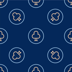 Line Playing card with clubs symbol icon isolated seamless pattern on blue background. Casino gambling. Vector