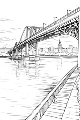 large bridge at the river line art black and white illustration