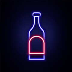Glowing neon line Bottle of wine icon isolated on brick wall background. Colorful outline concept. Vector