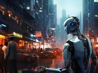 Sci-fi scene of robot using futuristic computer in city street