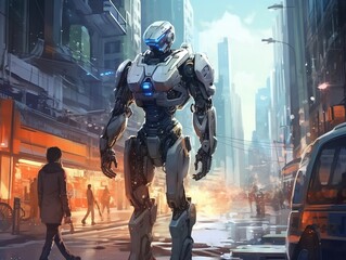 Fototapeta premium Sci-fi scene of robot using futuristic computer in city street