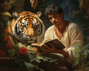 Tiger Botanist studying rare and exotic plants - obrazy, fototapety, plakaty