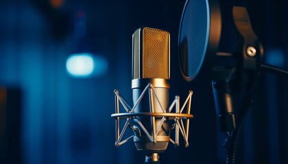 Studio condenser microphone on blurred background with audio mixer   musical instrument concept - obrazy, fototapety, plakaty