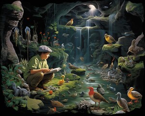 Duck Subterranean botanist studying cave ecosystems - obrazy, fototapety, plakaty