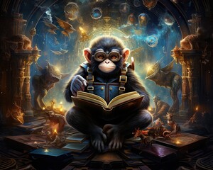 Monkey Quantum librarian cataloging the knowledge of the multiverse
