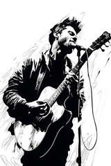 black and white illustration of an singer musician - obrazy, fototapety, plakaty