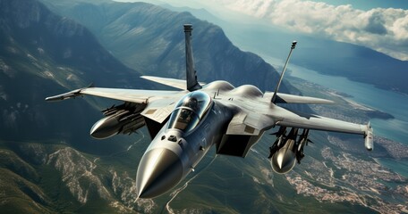 A Bird's Eye View of Combat Fighter Jets on Sky Patrol. Generative AI - obrazy, fototapety, plakaty