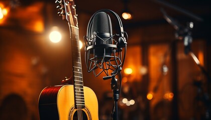 Professional studio microphone on blurred background with audio mixer   musical instrument concept