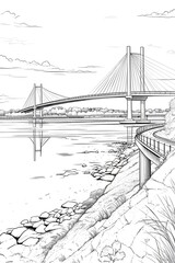 large bridge at the river line art black and white illustration