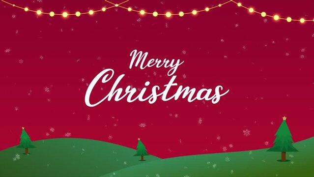 merry christmas text with blinking lights, snowflakes and tree on red background, 4K animation