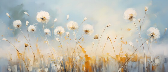 Digital painting of dandelions in a meadow at sunset.