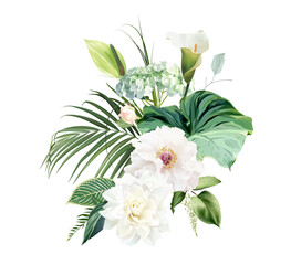 Green anthurium, white calla lily, green hydrangea, white peony and dahlia, rose, calathea, palm leaf, greenery design